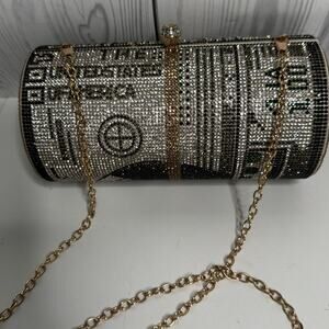 Money Roll Clutch Rhinestone Purse Handbag One Hundred $